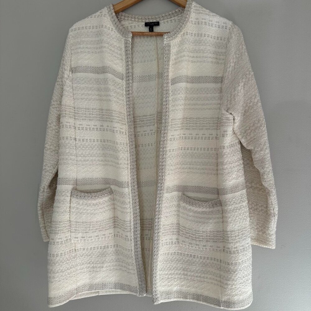 Talbots Metallic Stripe Textured Knit Open Front Cardigan Sweater - Petite Large